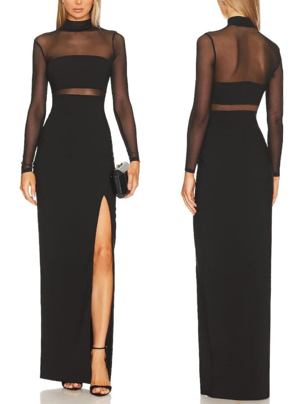 Chic Lace Mesh Long Sleeve Turtleneck Bodycon Maxi Dress with Side Slit